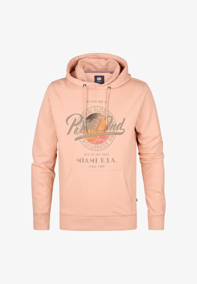 Hoodie rose clair avec cordon de serrage, poche avant et impression graphique avec "Miami U.S.A.". Tissu en mélange de coton, coupe décontractée, poignets côtelés.