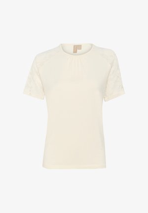 Tricou crem cu mânecă scurtă, cu un corp neted și accente din dantelă pe mâneci, având o decolteu rotund și un detaliu de țesătură ușor strâns.