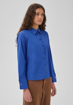 Femme aux longs cheveux bruns ondulés portant une chemise bleu vif à boutons et un pantalon marron, debout devant un fond clair et uni.