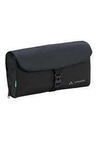 Borsa Vaude nera con chiusura a pattina, dotata di fibbia, cerniera laterale, superficie liscia e sottile motivo geometrico sul tessuto.