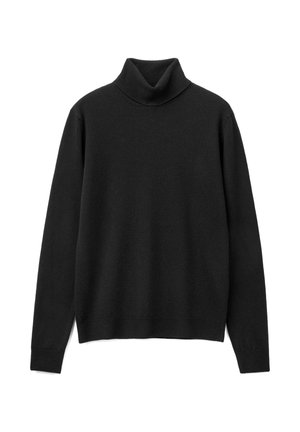 Suéter negro de cuello alto hecho de suave tejido de punto. Presenta mangas largas, un corte relajado y un diseño de cuello alto. Sin patrones ni adornos.
