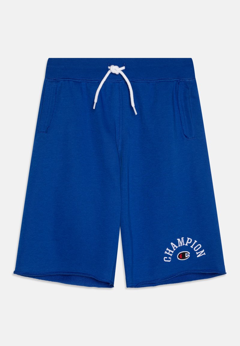 Shorts de sport bleus en tissu doux, dotés d'un cordon de serrage blanc ajustable et de poches latérales. Logo brodé sur l'ourlet gauche.