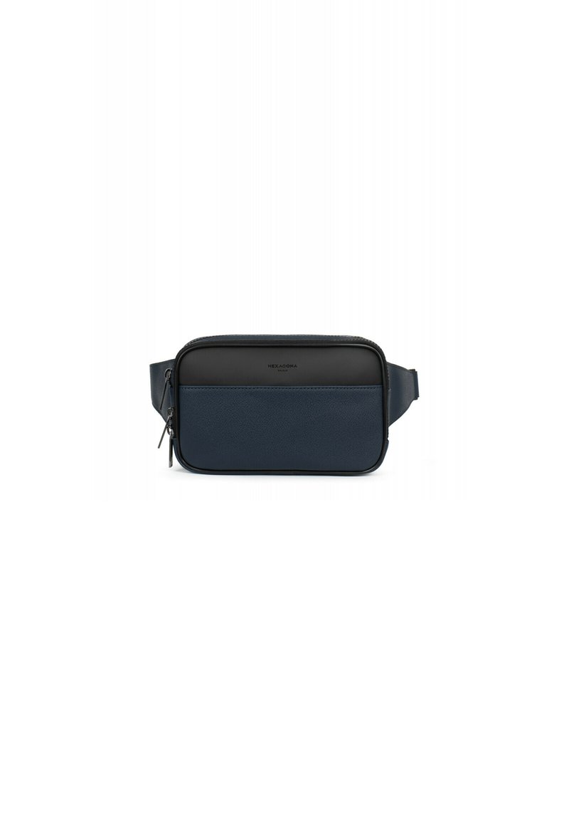 Borsa a tracolla rettangolare blu navy con base testurizzata, parte superiore liscia nera, chiusura con zip e tracolla regolabile. Include dettaglio del logo.