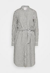 Abito a camicia a righe in lino grigio e bianco. Caratterizzato da una chiusura con bottoni frontale, maniche lunghe e una cintura in tessuto in vita. Strisce verticali.