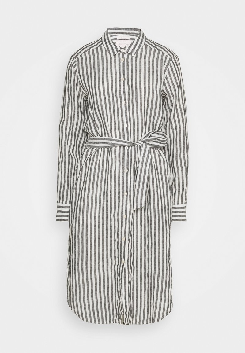 Abito a camicia a righe in lino grigio e bianco. Caratterizzato da una chiusura con bottoni frontale, maniche lunghe e una cintura in tessuto in vita. Strisce verticali.