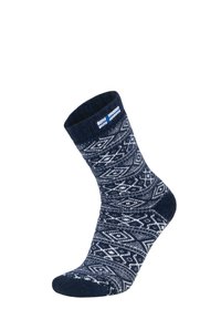 Marineblaue Socke aus strukturiertem Stoff mit weißem geometrischem Muster und geripptem Bündchen. Enthält ein Logo mit blauen und weißen Akzenten.