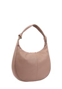 Bruine leren hobo tas met een gebogen vorm, een enkele geknoopte schouderband en een gouden rits. Gladde textuur en minimalistisch ontwerp.