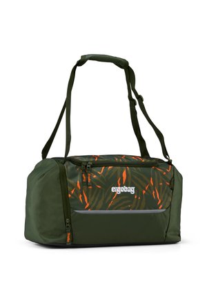 Green duffel bag with tiger stripe pattern in orange and black. Made of durable material with two zippered compartments and adjustable straps.