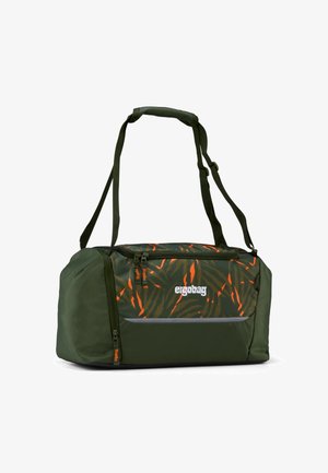 Grüne Duffel-Tasche mit Tigermuster in Orange und Schwarz. Hergestellt aus langlebigem Material mit zwei Reißverschlussfächern und verstellbaren Trägern.