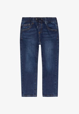 Tamsiai mėlyni džinsai su elastingu juosmeniu, raišteliu užsegimui ir klasikinio penkių kišenių dizainu. Matomi siuvinėjimo akcentai.