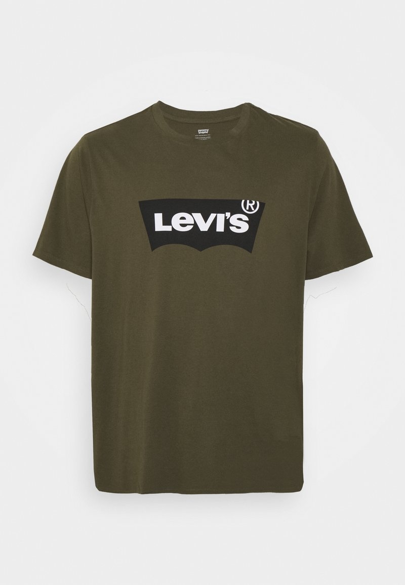 Olivově zelené tričko s krátkým rukávem a výstřihem do krku značky Levi's s bílým logem na černém batwing tvaru na hrudi.