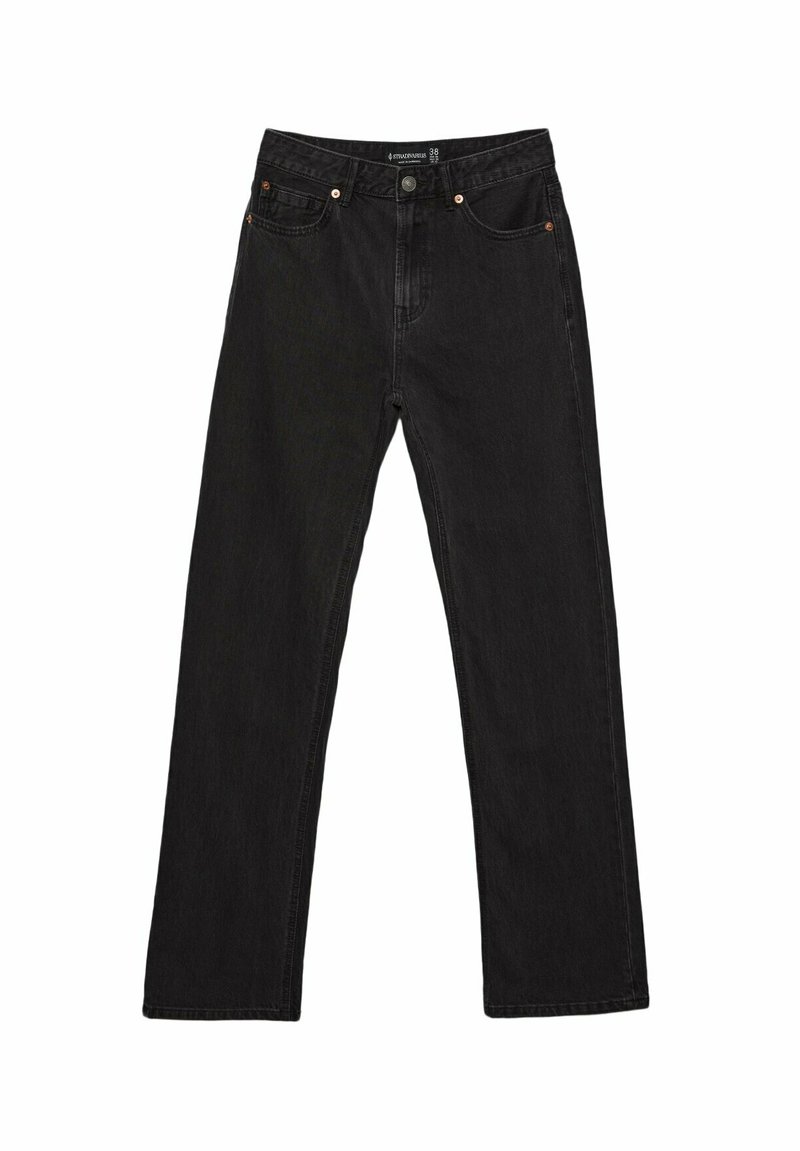 Jeans en denim noir avec une coupe droite, dotés d'un bouton et d'une fermeture éclair, de cinq poches et de coutures contrastantes.
