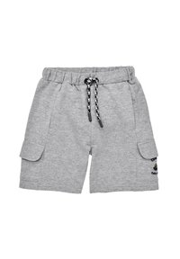 Graue Baumwoll-Blend-Shorts mit einem elastischen Bund, Kordelzug, Seitentaschen und grünen Akzentdetails am rechten Bein.