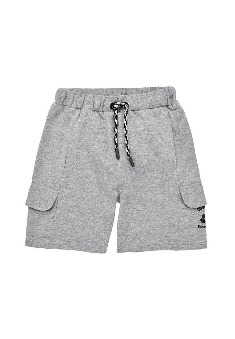 Graue Baumwoll-Blend-Shorts mit einem elastischen Bund, Kordelzug, Seitentaschen und grünen Akzentdetails am rechten Bein.