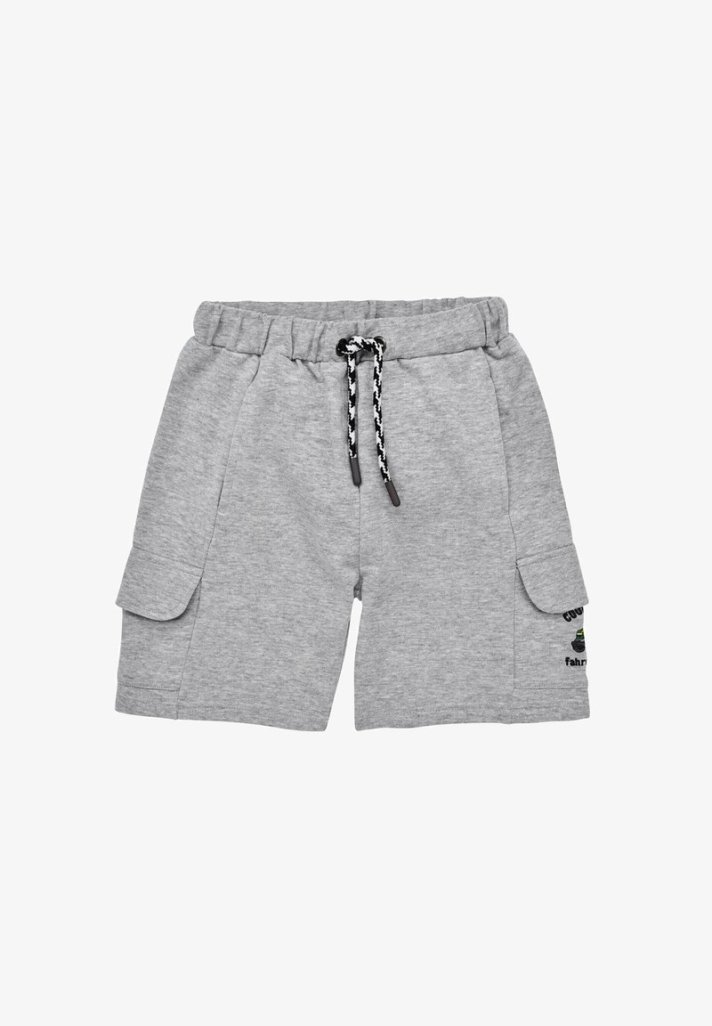 Pantaloni corti in misto cotone grigi con vita elasticizzata, cordino, tasche laterali e dettagli verdi di accento sulla gamba destra.