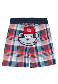 Rutede shorts i rød, marineblå og hvid med elastisk talje. Har et broderet abeansigt med en rød kasket på forsiden.
