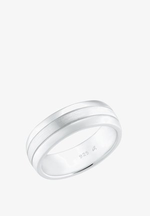 Anello in argento caratterizzato da una fascia liscia con finitura spazzolata e una striscia lucida a contrasto, contrassegnato con "925" all'interno.