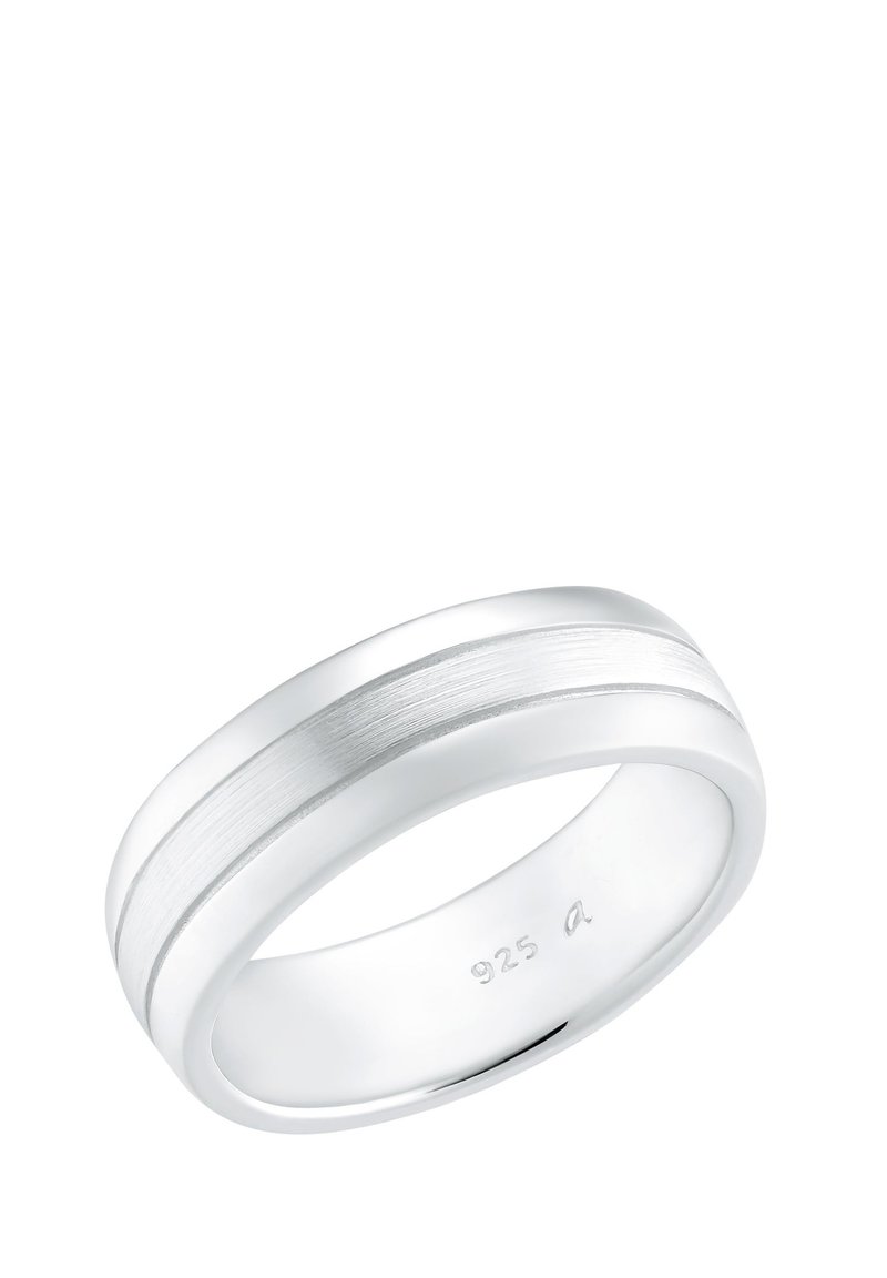 Anillo de plata con una banda suave de acabado cepillado y una franja pulida en contraste, marcado con "925" en su interior.