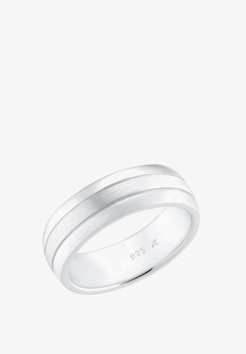 Anillo de plata con una banda suave de acabado cepillado y una franja pulida en contraste, marcado con "925" en su interior.