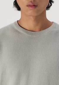 Jongere persoon in een lichtgrijze gestructureerde gebreide trui met een ronde hals die van schouder tot mond is afgebeeld.