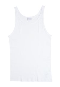 Top in cotone bianco senza maniche con collo rotondo, spalline larghe e orlo dritto. Presenta un piccolo etichetta del marchio sul lato inferiore.