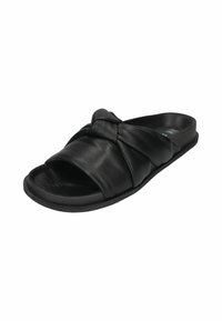Black leather slide sandal featuring a knotted strap design, open toe, and a flat rubber sole for comfort. Smooth texture with no embellishments.