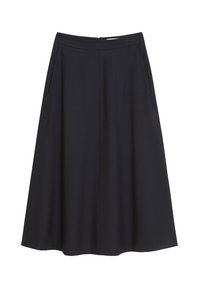 Jupe midi noire avec une texture de tissu lisse, design évasé et poches latérales. Elle possède une fermeture éclair dissimulée à l'arrière.