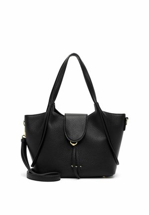 Borsa in pelle nera testurizzata con due spalline, patta frontale con dettaglio anello dorato e tracolla removibile.
