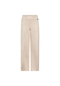 Wijdvallende broek in lichtbeige stof, met een hoge taille, voornaad en elastische tailleband voor comfort. Gladde textuur, minimalistisch ontwerp.
