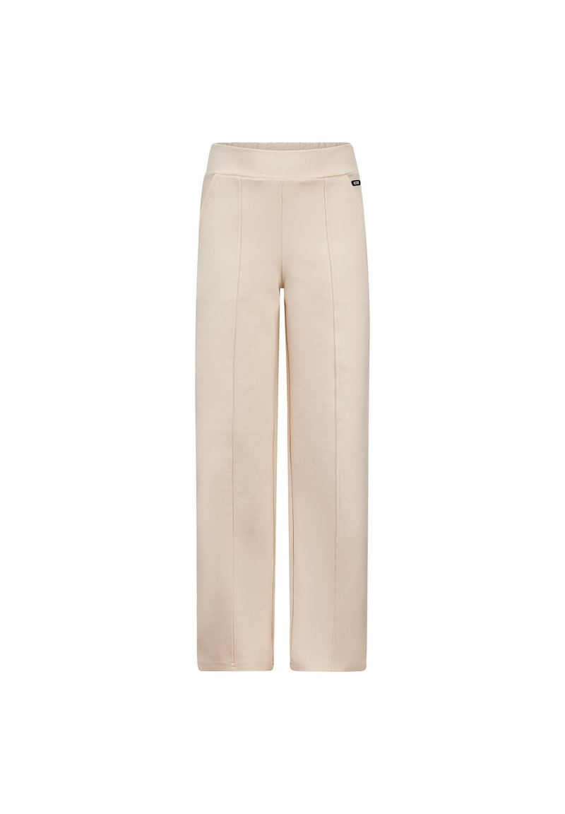 Wijdvallende broek in lichtbeige stof, met een hoge taille, voornaad en elastische tailleband voor comfort. Gladde textuur, minimalistisch ontwerp.