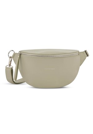 Borsa a tracolla in pelle verde chiaro, di forma rotonda, con chiusura a zip argentata e tracolla regolabile, caratterizzata da un logo minimale sul fronte.