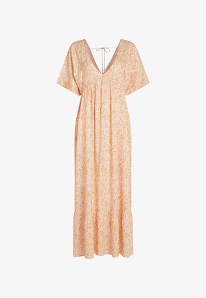 Maxi dress in lightweight fabric featuring a pink and gold paisley pattern, V-neckline, short sleeves, and gathered waist with a ruffled hem.