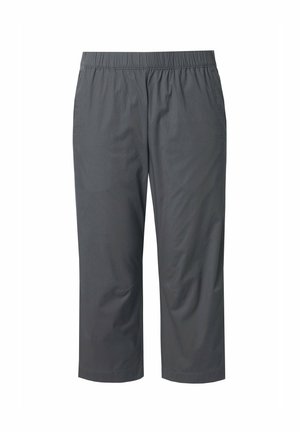 Pantalones capri grises con cinturilla elástica, hechos de una tela ligera, que presentan una textura simple y suave y un corte recto.