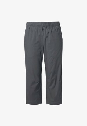 Graue Capri-Hosen mit einem elastischen Bund, aus leichtem Stoff gefertigt, mit einer einfachen, glatten Textur und geradem Schnitt.