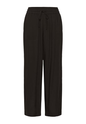 Pantalon noir ample avec taille élastique et fermeture par cordon, coupe droite, adapté pour un usage décontracté.
