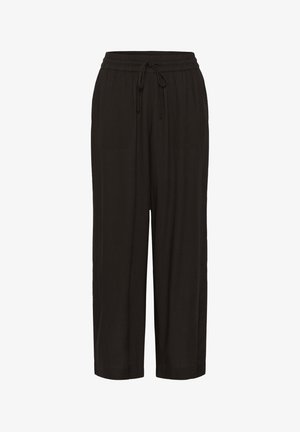 Pantaloni negri, largi, cu talie elastică și șnur pentru ajustare, croială cu picior drept, potriviți pentru ținute casual.