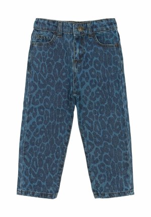 Blaue Jeans aus Denim mit dunklem Leopardenmuster, vordere Knopfleiste, Gürtelschlaufen und fünf Taschen.