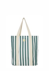 Groene en witte gestreepte tote bag met beige handvatten; canvas materiaal; bevat een klein logo patch aan de voorkant.