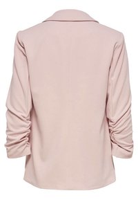 Pink blazer with back ruching detail and a classic collar. Made from smooth fabric, featuring long sleeves and a relaxed fit.