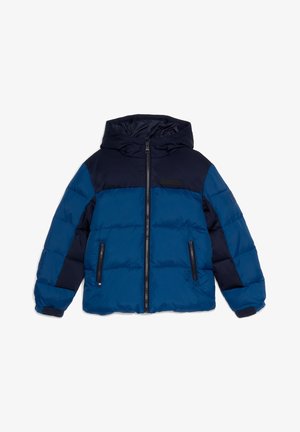 Blaue und marineblaue gesteppte Winterjacke mit Kapuze, vorderem Reißverschluss, Reißverschlusstaschen und verstellbaren Klettverschlüssen an den Bündchen.