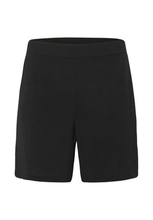 Black shorts with a smooth, solid texture, featuring an elastic waistband and straight cut. No pockets or patterns are present.