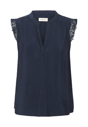 Navy blue sleeveless blouse with a v-neckline, featuring lace detail on the shoulders and a gathered center seam for added texture.