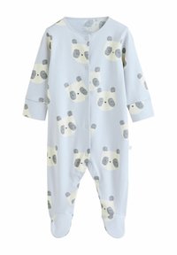 Svijetloplavi pamučni baby bodi s uzorkom lica panda, dugih rukava, s drukerima i zatvorenim stopalima. Mekana tekstura.