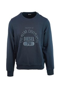 Felpa blu in cotone con scollatura rotonda, maniche lunghe e polsini a costine. Presenta una grafica "Diesel Denim Division 78" sul davanti.