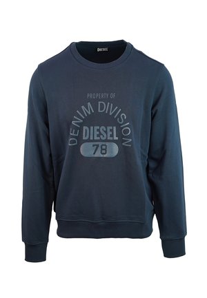 Felpa blu in cotone con scollatura rotonda, maniche lunghe e polsini a costine. Presenta una grafica "Diesel Denim Division 78" sul davanti.