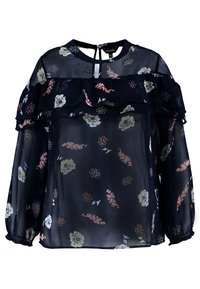 Marinefarbene, transparente Bluse mit geschichteten Rüschen, die Blumenmuster in Pink-, Weiß- und Grüntönen aufweist. Mit elastischen Bündchen und einem Keyhole-Detail im Rücken.