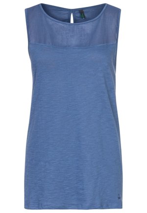 Ärmelloses blaues Top mit transparentem oberen Brustbereich und rundem Halsausschnitt, mit kleinem Knopf-Schlüsselöffnung am Rücken.