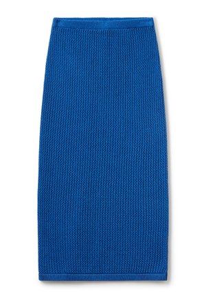 Jupe crayon tricotée bleue avec un motif texturé. Elle présente un design ajusté et une taille côtelée pour un confort et une élasticité accrus.