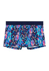 Colorful men's boxer briefs in a geometric pattern. Features bold blues, pinks, and yellows; elastic waistband with "HOM" branding.