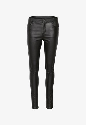 Zwarte neplederen broek met een slim fit, voorzien van een klassiek vijf-pocket ontwerp en een rits met knoopsluiting. Soepele textuur.